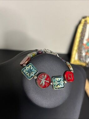 Vintage Artisan Red and Turquoise Glass Dragonfly Bracelet - Women Jewelry